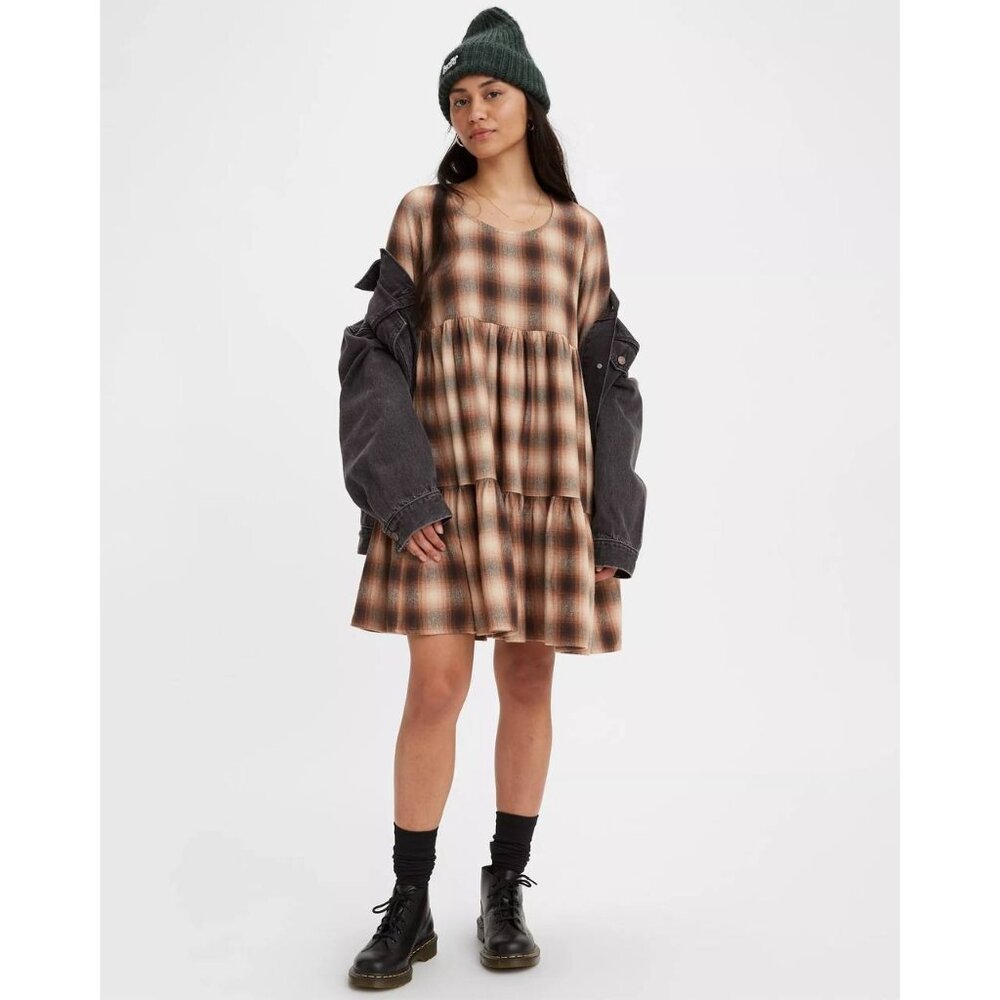 NWT Levi Brown Andy Plaid Long Sleeve Babydoll Dress A3346-0000 in Size XS